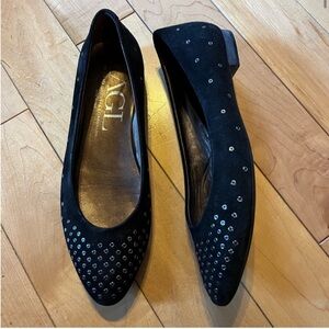 AGL Attilio Giusti Leombruni Shoes Grommet Flats Black Suede Pointed Toe 39.5
